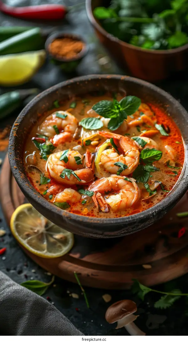 Delectable Tom Yum Soup with Shrimp, Veggies, and Herbs