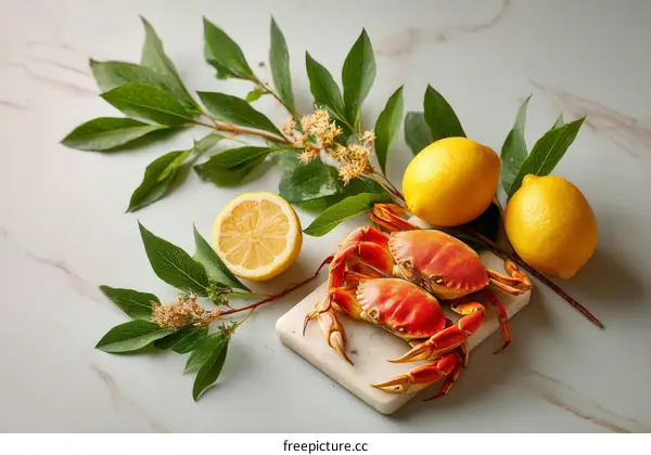Fresh Crab and Lemons on Marble Surface