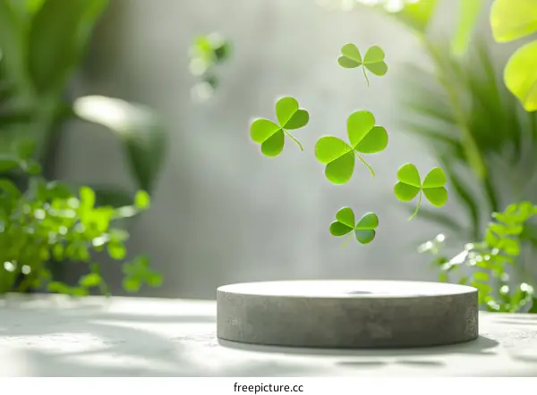 Green leaves floating above a concrete podium against a blurred background