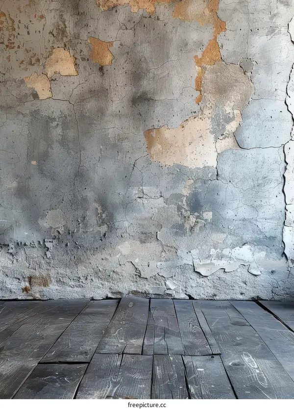 old grunge cracked concrete wall and wooden floor texture background
