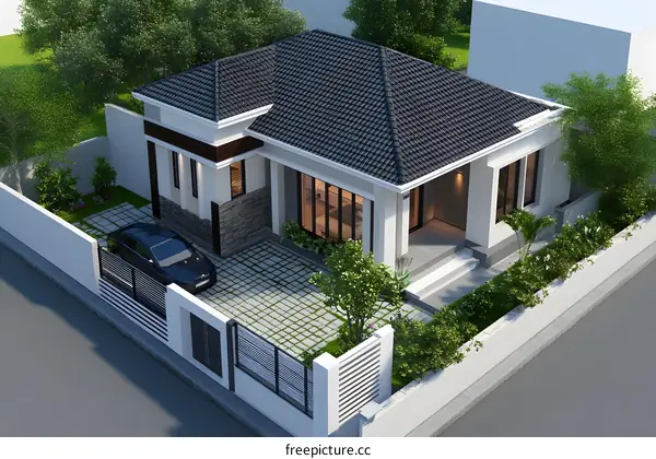 Modern House with White Walls and Black Roof