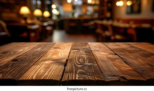 Rustic wooden table in a restaurant with blurred background
