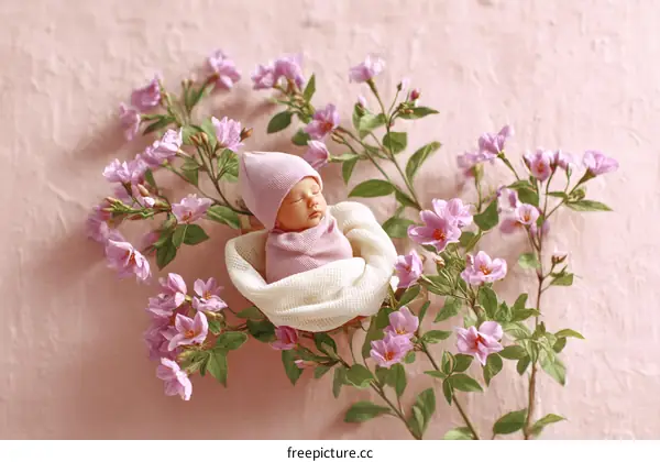 Baby Girl Newborn Photography in Pastel Pink Flowers