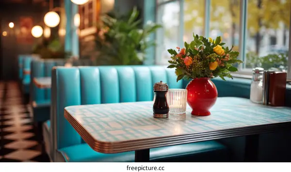 Retro Diner Interior with Flowers and Tables