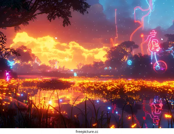 Neon Lake Sunset Fantasy Landscape