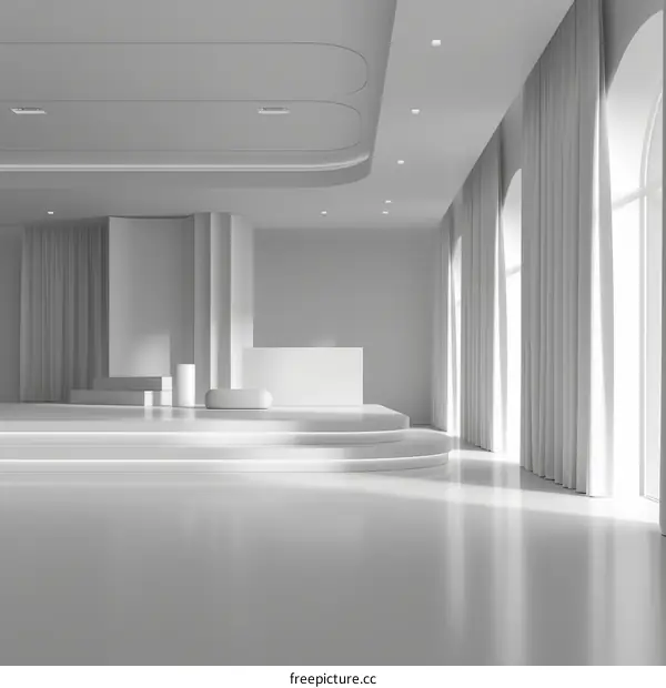 Minimalist White Room with Podium and Large Windows