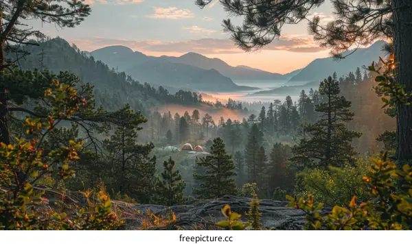 Three tents in the mountains with a beautiful sunrise view