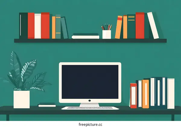 Modern Office Workplace Desk with Books and Computer