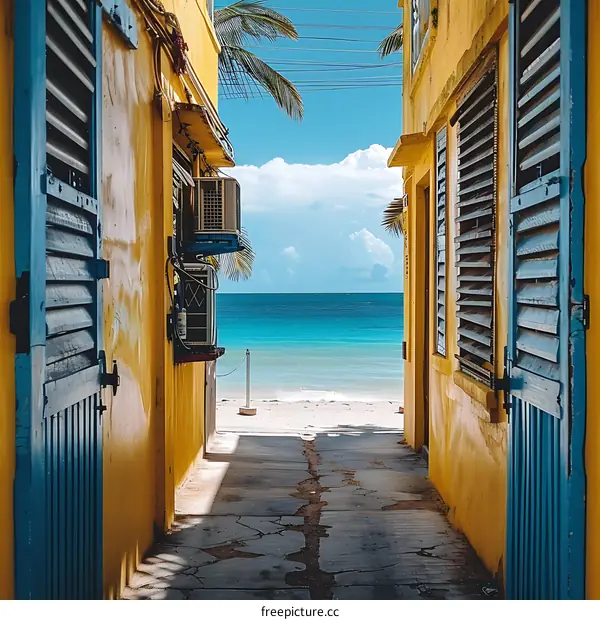 Tropical Beach View Through Narrow Alleyway