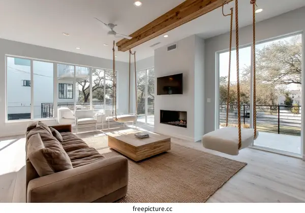 Modern Living Room with Large Windows and Wooden Beams