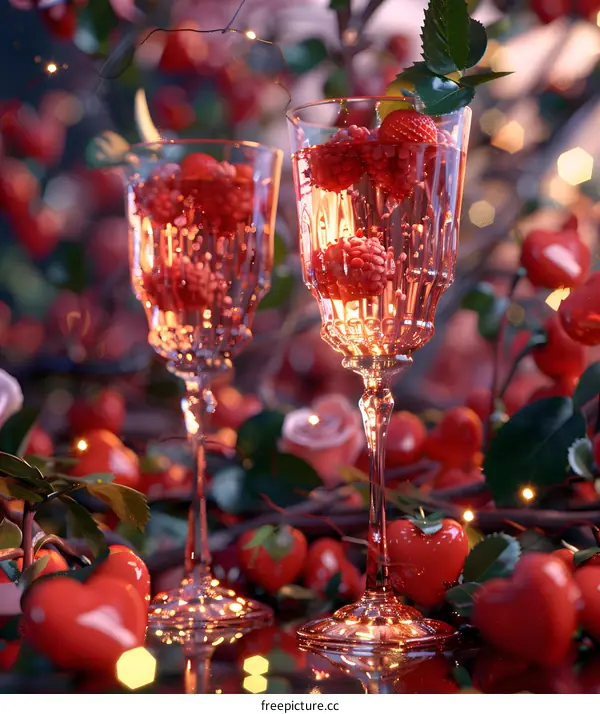 Two glasses of champagne with raspberries