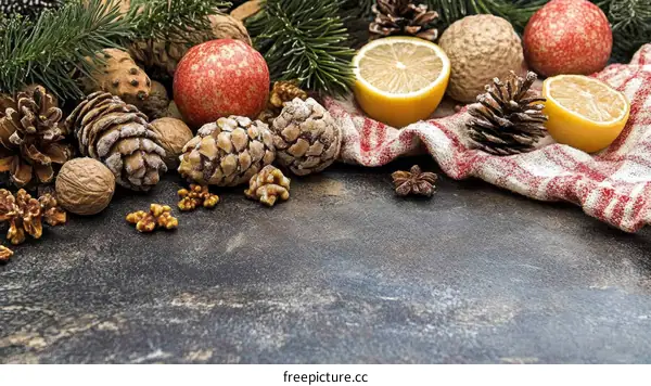 Christmas Festive Decoration Still Life with Fruits and Nuts