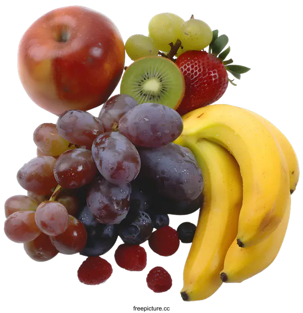 [Transparent Background PNG]Fresh Fruit Still Life with Red Apple, Grapes, Kiwi, Banana and Berries