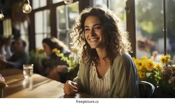 Portrait of a smiling young woman with curly hair sitting in a cafe