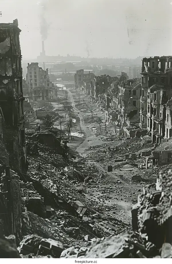 Destroyed city street with rubble of buildings after an air raid during World War II