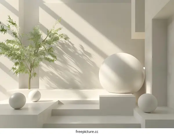 3d rendering of a podium with a tree and a large sphere
