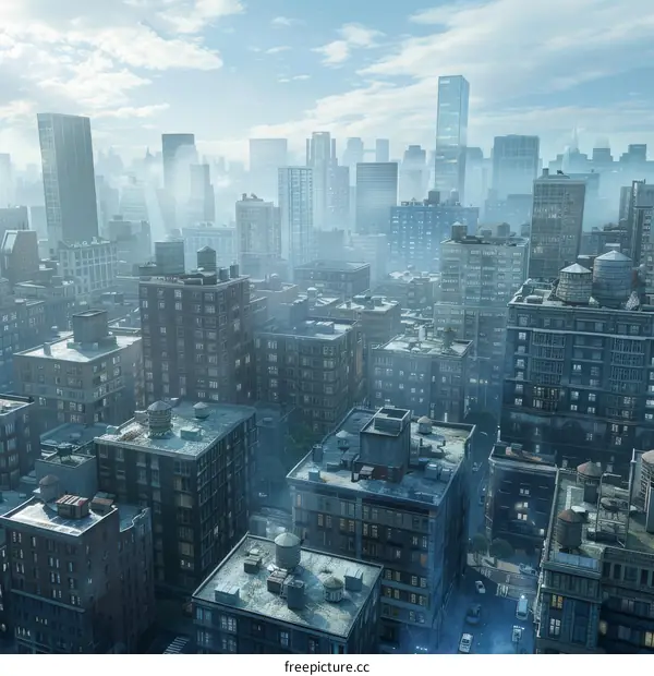 Urban Cityscape with Towering Skyscrapers and a Clear Blue Sky
