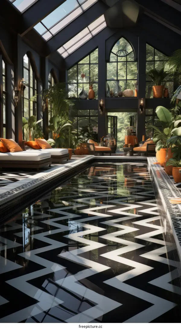 Luxury Home with Geometric Tile Floor and Pool