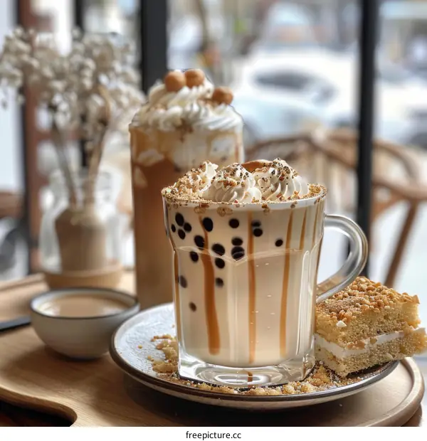 Refreshing Iced Coffee with Whipped Cream and Cake