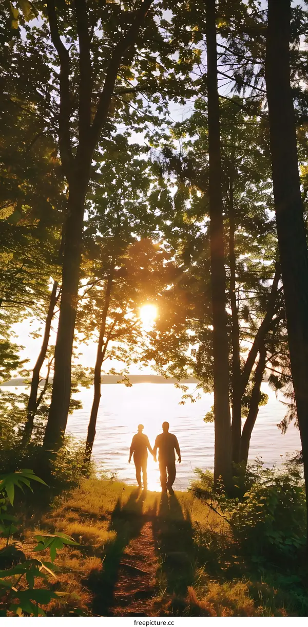 Couple Silhouette Walking In Forest During Sunset