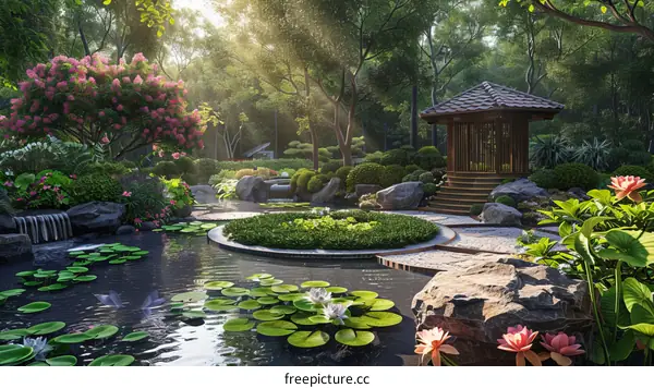 Tranquil Japanese Garden with Pond, Flowers, and Pavilion