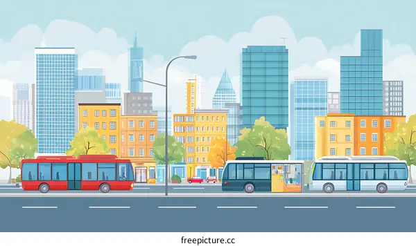 Cityscape Illustration with Buses and Skyscrapers