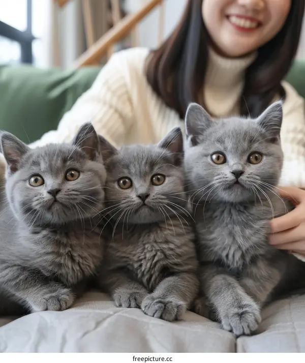 Three cute British Shorthair cats with a woman