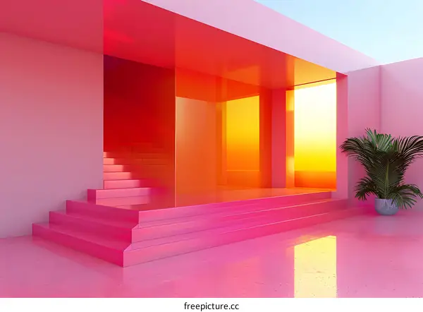 Minimalist Pink and Yellow Interior Design with Stairs and Palm Tree