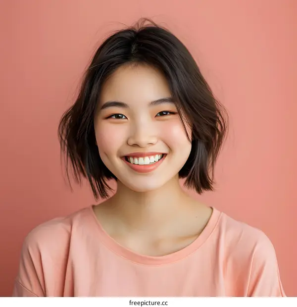 Smiling Asian Woman Portrait with Pink Background
