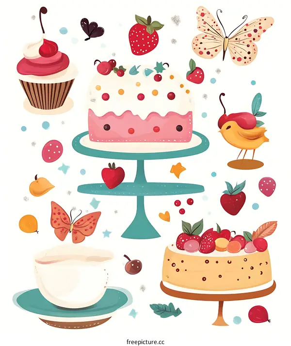 Cute Cartoon Illustration of Cakes and Sweets with Butterflies and Birds