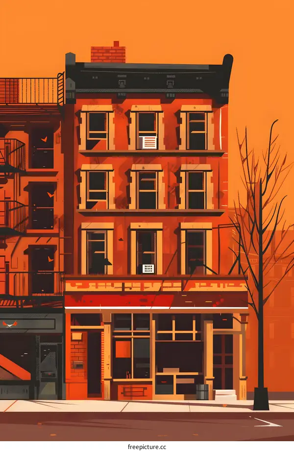 Modern Minimalist Cityscape Illustration with Orange Building and Bare Tree