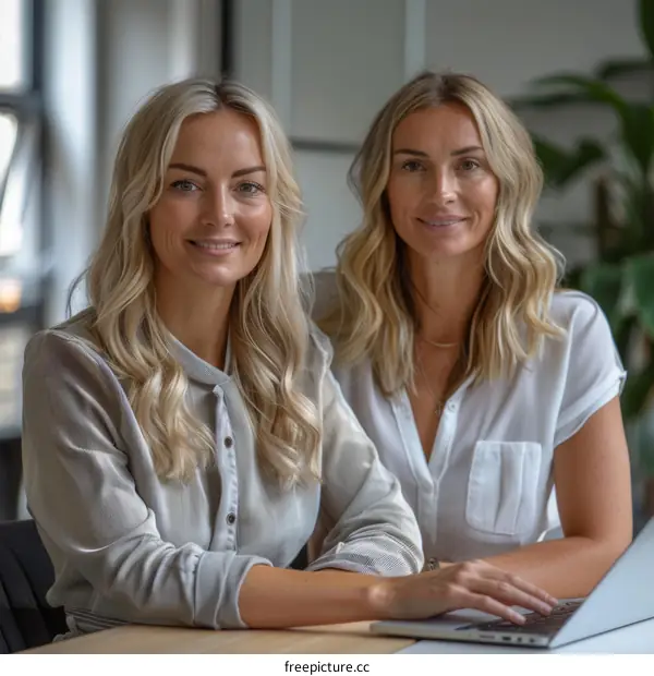 Two smiling businesswomen sitting at a desk and looking at the camera