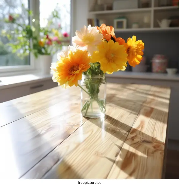 A Small Arrangement of Flowers Sits on a Wooden Table