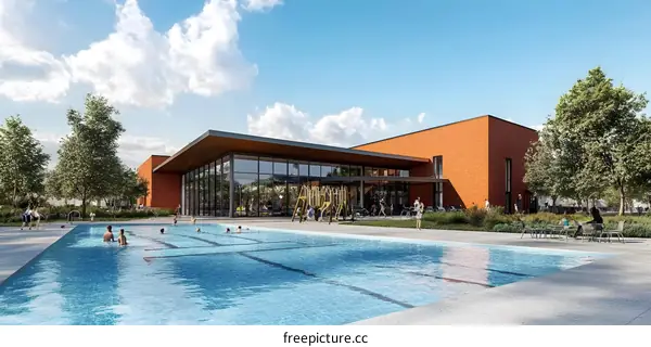 Modern Brick Building with Outdoor Pool and Playground