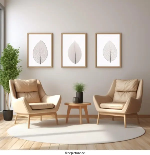 Three framed leaf prints above two brown leather chairs in a living room