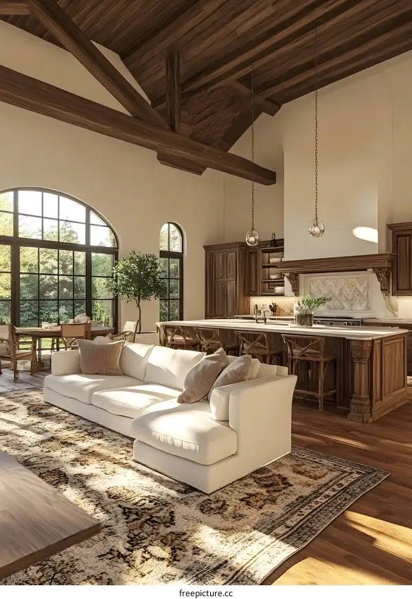 Modern Farmhouse Style Interior Design With White Sofa and Rustic Kitchen