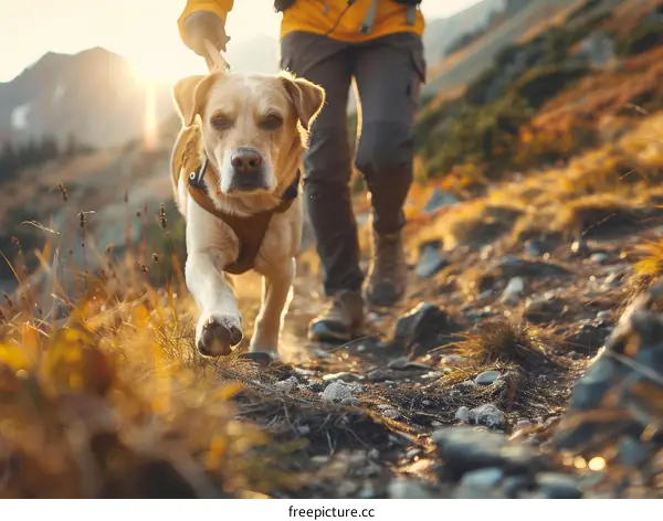 Man and his dog hiking in the mountains