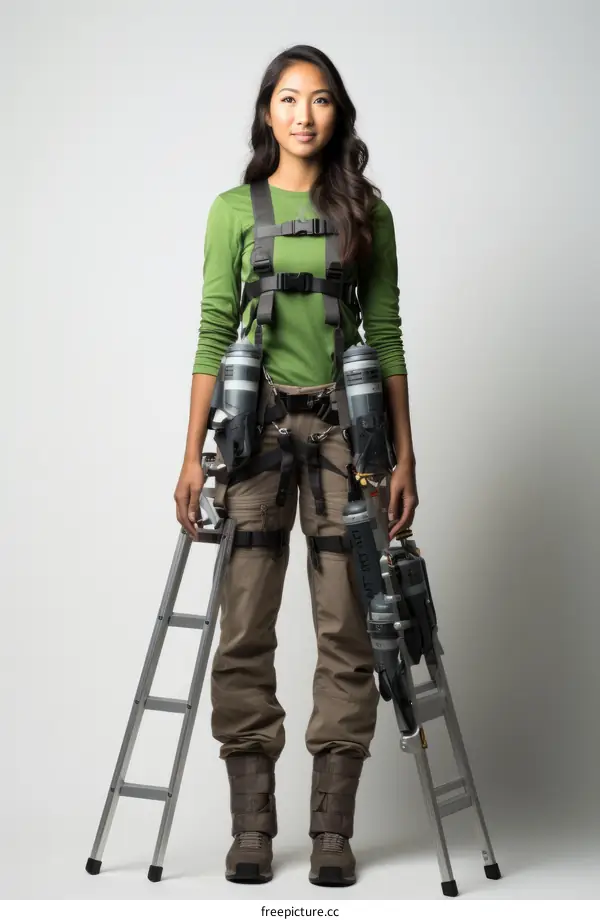 Asian Woman Wearing an Exoskeleton Suit