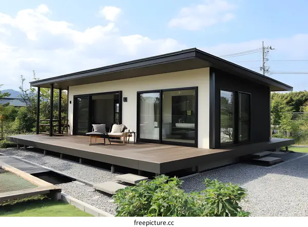 Modern Minimalist House with a Wooden Deck and Gravel Yard