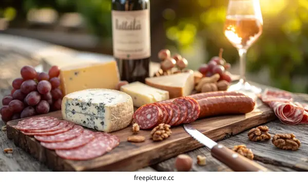 An assortment of cured meats, cheeses and grapes with wine on a wooden board