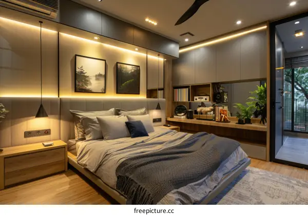 Modern bedroom design with warm lighting and natural elements