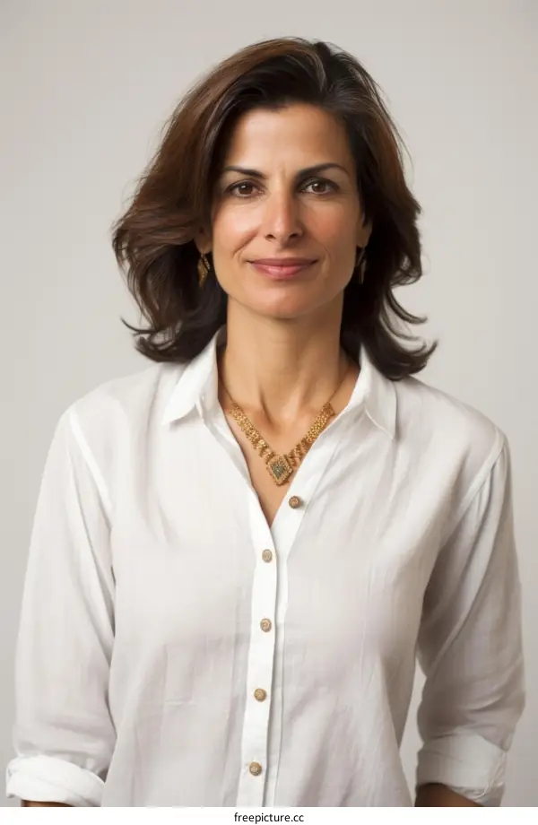 Portrait of a smiling woman with long brown hair wearing a white shirt and gold necklace