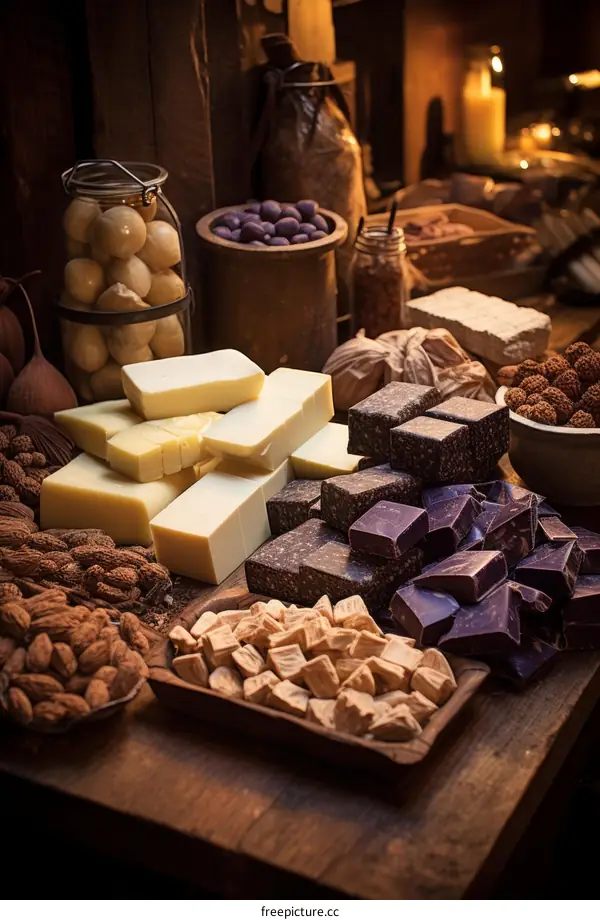 Assortment of cheeses and nuts on rustic table