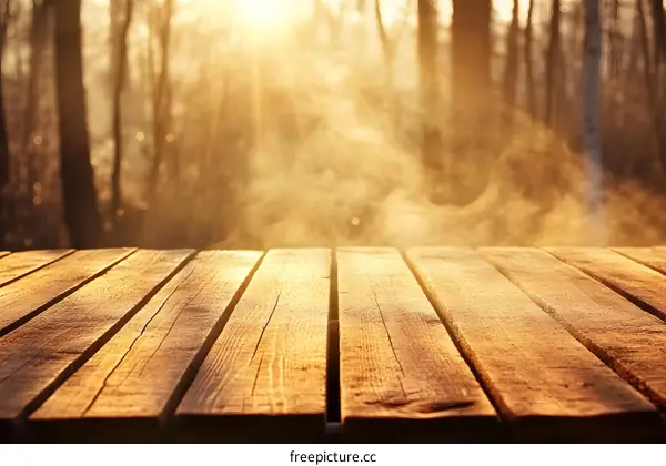 Wooden Table Top in a Forest with Sunlight