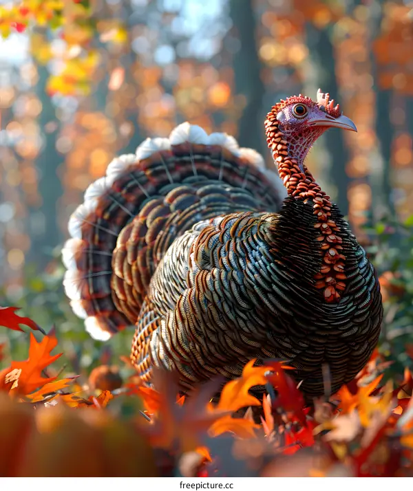 A majestic turkey stands in a field of fallen leaves.