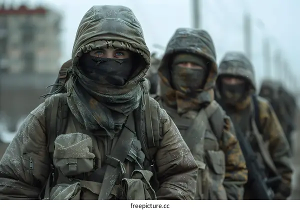 A group of soldiers in winter gear are walking through a snowy forest.