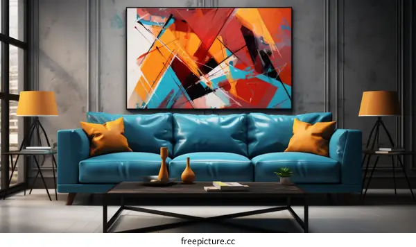 Blue couch with abstract painting on the wall