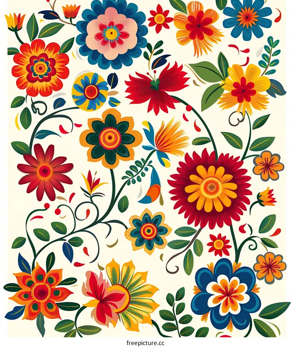 Colorful Floral Pattern Illustration with Bright Colors and Detailed Designs