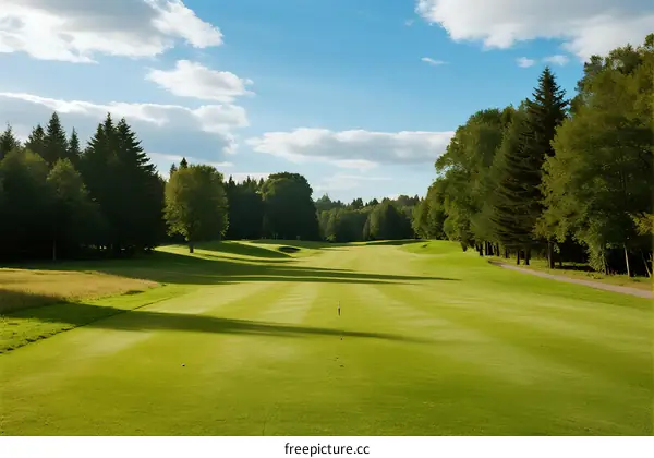 Beautiful green golf course with trees under a clear blue sky