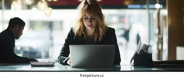 Young Woman Working On Laptop In Office Setting